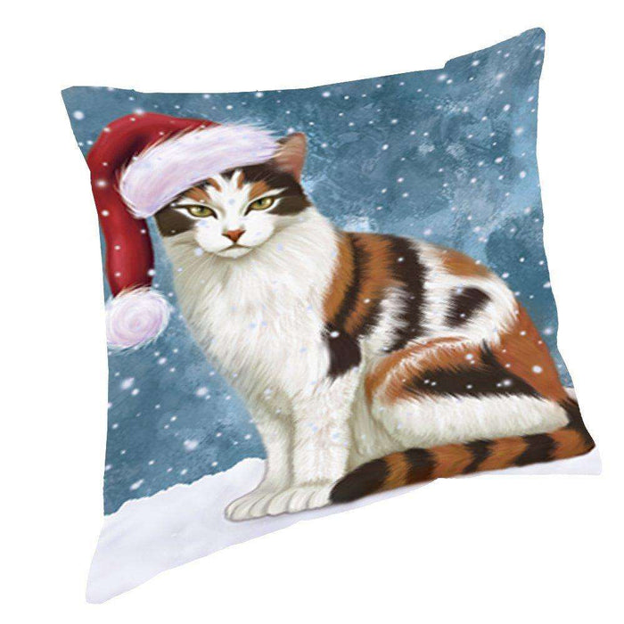 Let it Snow Christmas Holiday Calico Cat Wearing Santa Hat Throw Pillow D432