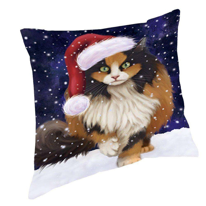 Let it Snow Christmas Holiday Calico Cat Wearing Santa Hat Throw Pillow D433