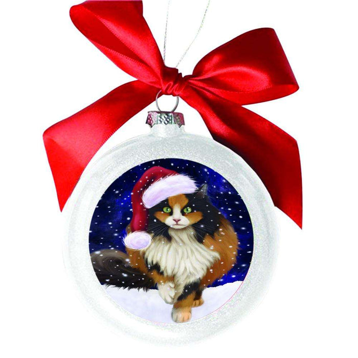 Let it Snow Christmas Holiday Calico Cat White Round Ball Christmas Ornament WBSOR48521