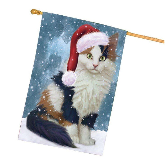 Let it Snow Christmas Holiday Calico Kitten Cat Wearing Santa Hat House Flag