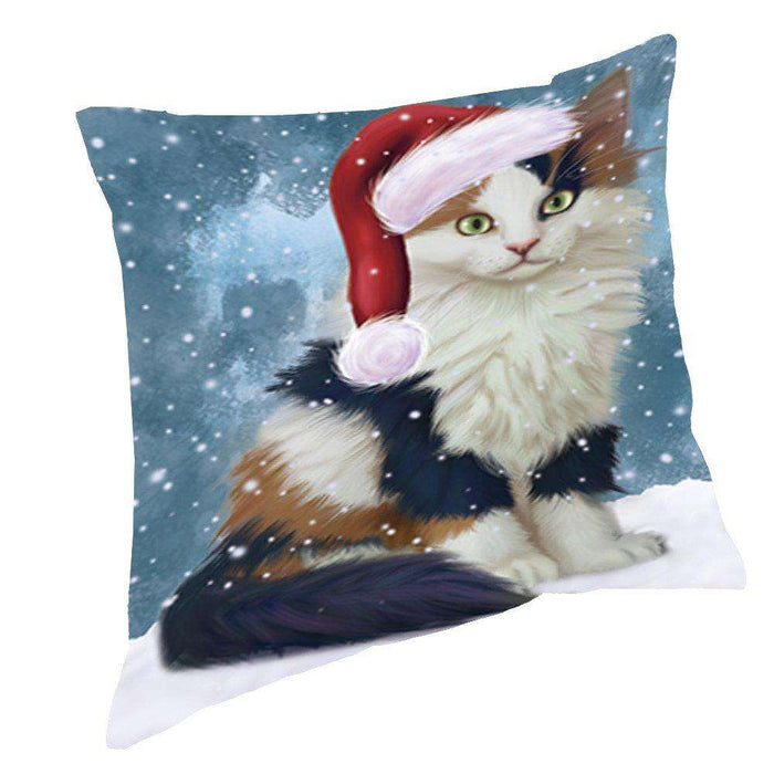 Let it Snow Christmas Holiday Calico Kitten Cat Wearing Santa Hat Throw Pillow D434