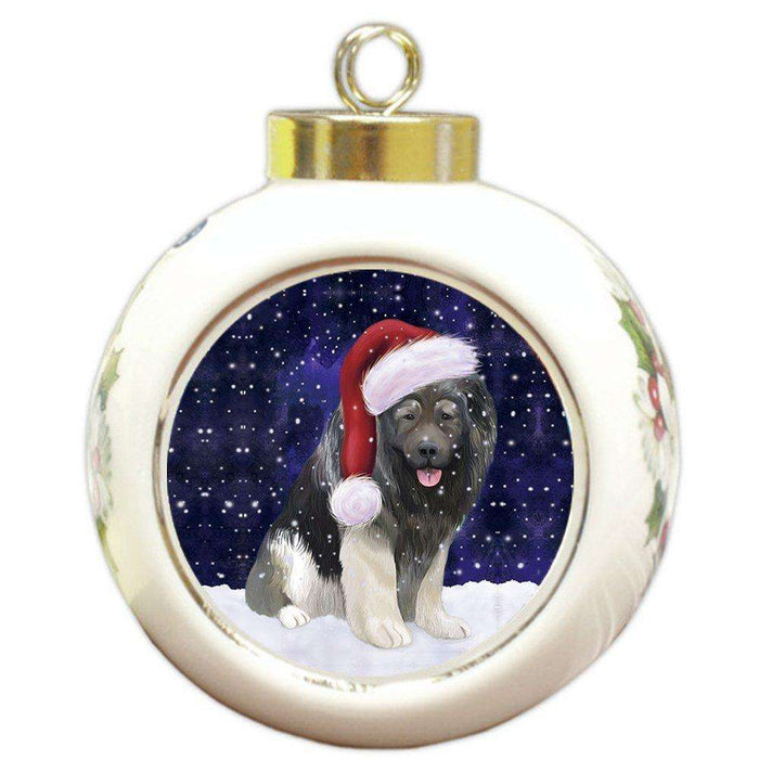 Let it Snow Christmas Holiday Caucasian Ovcharka Dog Wearing Santa Hat Round Ball Ornament D277