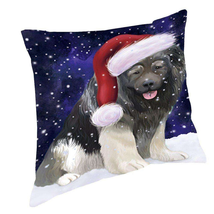 Let it Snow Christmas Holiday Caucasian Ovcharka Dog Wearing Santa Hat Throw Pillow D435