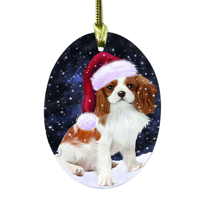 Let it Snow Christmas Holiday Cavalier King Charles Spaniel Dog Oval Glass Christmas Ornament OGOR48525