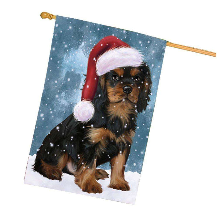 Let it Snow Christmas Holiday Cavalier King Charles Spaniel Dog Wearing Santa Hat House Flag
