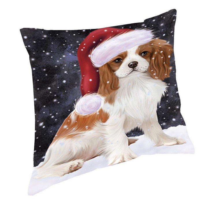 Let it Snow Christmas Holiday Cavalier King Charles Spaniel Dog Wearing Santa Hat Throw Pillow
