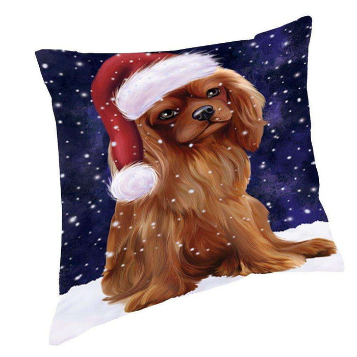 Let it Snow Christmas Holiday Cavalier King Charles Spaniel Dog Wearing Santa Hat Throw Pillow