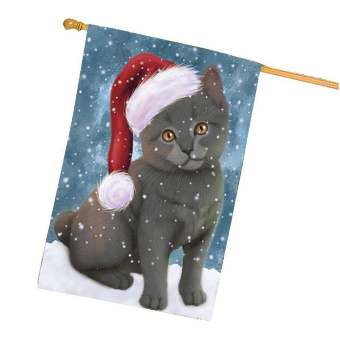 Let it Snow Christmas Holiday Chartreux Kitten Cat Wearing Santa Hat House Flag
