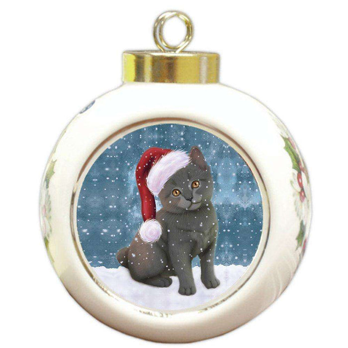 Let it Snow Christmas Holiday Chartreux Kitten Cat Wearing Santa Hat Round Ball Ornament D278