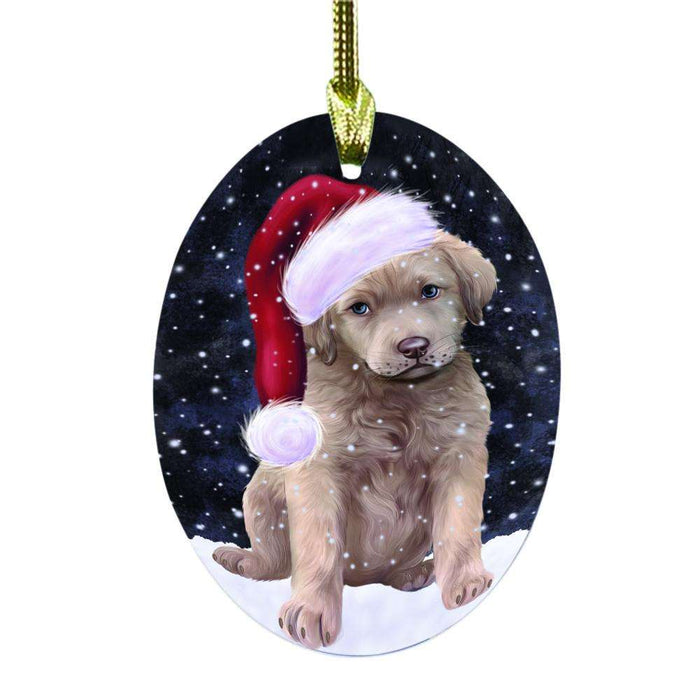 Let it Snow Christmas Holiday Chesapeake Bay Retriever Dog Oval Glass Christmas Ornament OGOR48529