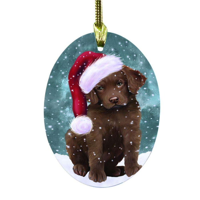 Let it Snow Christmas Holiday Chesapeake Bay Retriever Dog Oval Glass Christmas Ornament OGOR48531