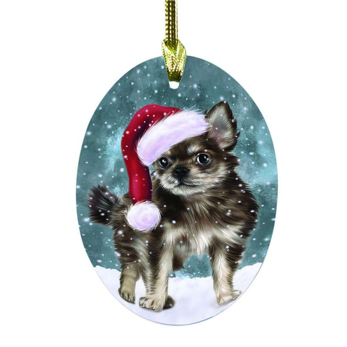 Let it Snow Christmas Holiday Chihuahua Dog Oval Glass Christmas Ornament OGOR48536