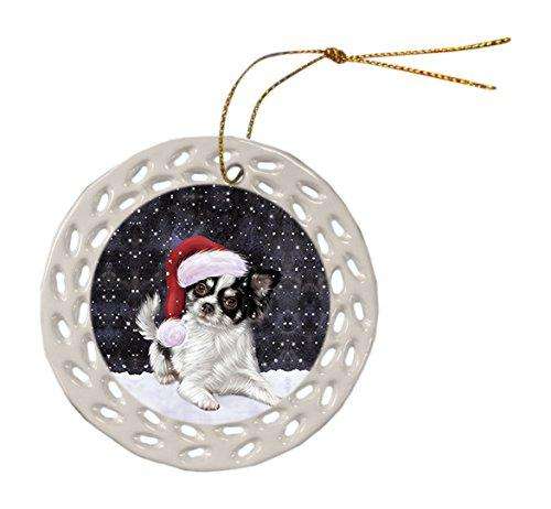Let it Snow Christmas Holiday Chihuahua Dog Wearing Santa Hat Ceramic Doily Ornament D072