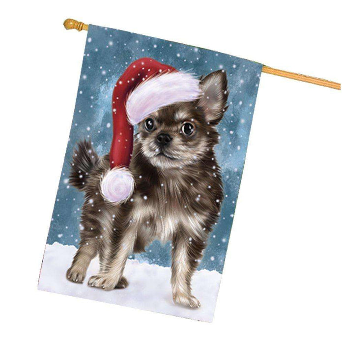 Let it Snow Christmas Holiday Chihuahua Puppy Dog Wearing Santa Hat House Flag