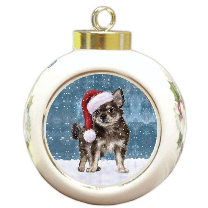 Let it Snow Christmas Holiday Chihuahua Puppy Dog Wearing Santa Hat Round Ball Ornament D279