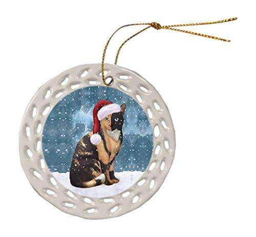Let it Snow Christmas Holiday Chimera Cat Wearing Santa Hat Ceramic Doily Ornament D073
