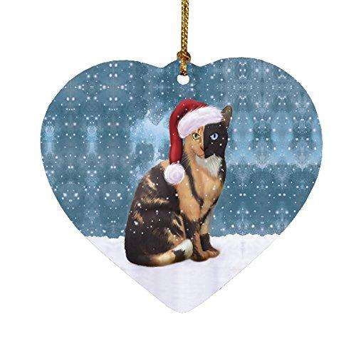 Let it Snow Christmas Holiday Chimera Cat Wearing Santa Hat Heart Ornament D281
