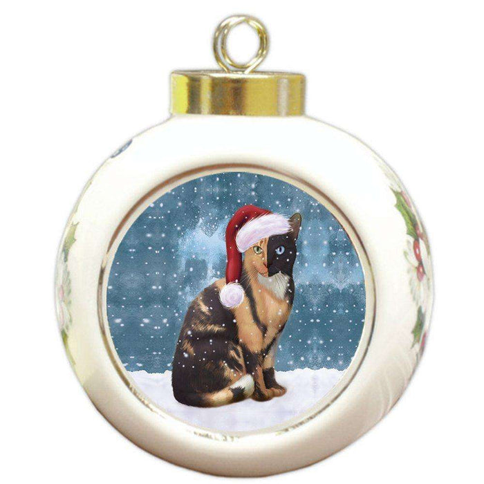 Let it Snow Christmas Holiday Chimera Cat Wearing Santa Hat Round Ball Ornament D281