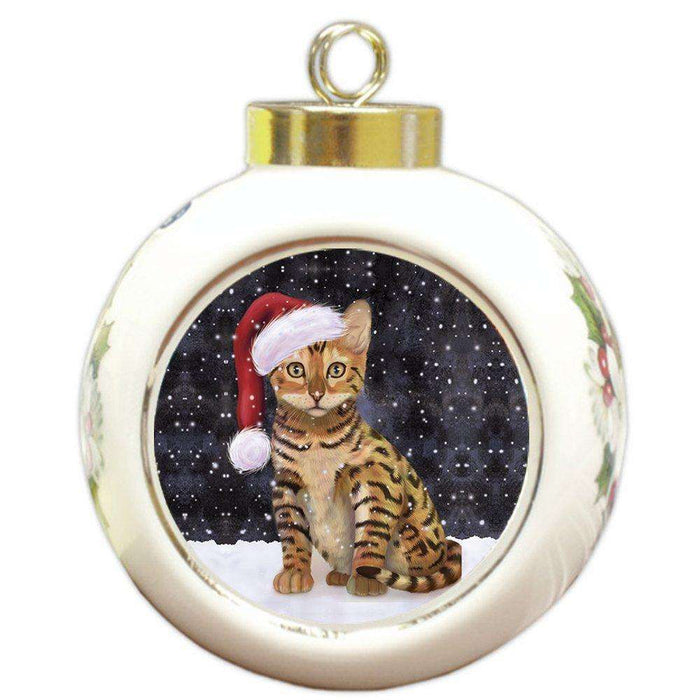 Let it Snow Christmas Holiday Chinese Li Hua Kitten Cat Wearing Santa Hat Round Ball Ornament D282