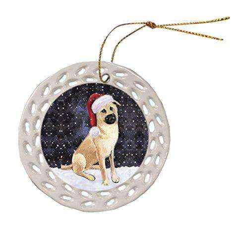 Let it Snow Christmas Holiday Chinook Dog Wearing Santa Hat Ceramic Doily Ornament D075