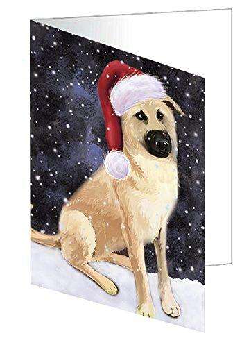 Let it Snow Christmas Holiday Chinook Dog Wearing Santa Hat Handmade Artwork Assorted Pets Greeting Cards and Note Cards with Envelopes for All Occasions and Holiday Seasons D389
