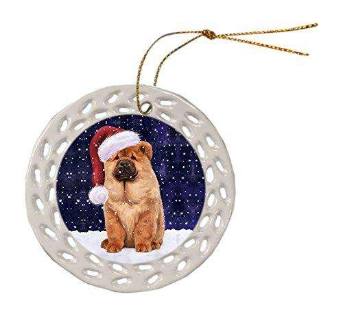 Let it Snow Christmas Holiday Chow Chow Dog Wearing Santa Hat Ceramic Doily Ornament D076