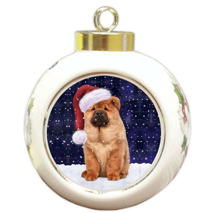 Let it Snow Christmas Holiday Chow Chow Dog Wearing Santa Hat Round Ball Ornament D284