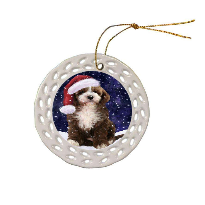 Let it Snow Christmas Holiday Cockapoo Dog Wearing Santa Hat Ceramic Doily Ornament DPOR54288