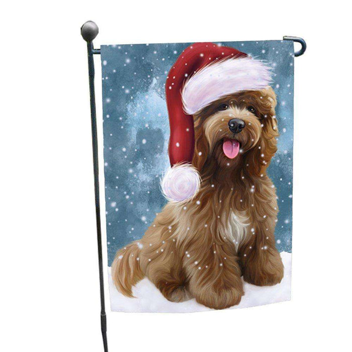 Let it Snow Christmas Holiday Cockapoo Dog Wearing Santa Hat Garden Flag