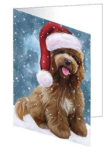 Let it Snow Christmas Holiday Cockapoo Dog Wearing Santa Hat Handmade Artwork Assorted Pets Greeting Cards and Note Cards with Envelopes for All Occasions and Holiday Seasons D391