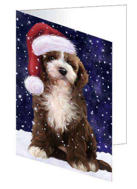 Let it Snow Christmas Holiday Cockapoo Dog Wearing Santa Hat Handmade Artwork Assorted Pets Greeting Cards and Note Cards with Envelopes for All Occasions and Holiday Seasons GCD66893