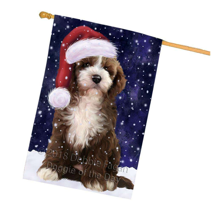 Let it Snow Christmas Holiday Cockapoo Dog Wearing Santa Hat House Flag FLG54486