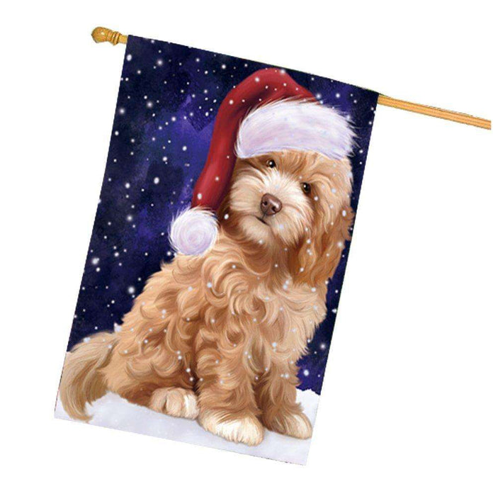 Let it Snow Christmas Holiday Cockapoo Dog Wearing Santa Hat House Flag