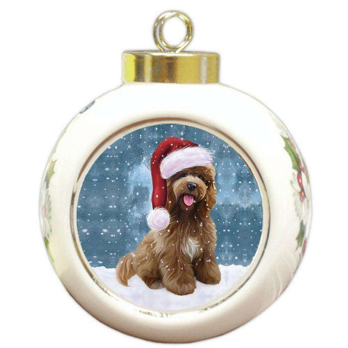 Let it Snow Christmas Holiday Cockapoo Dog Wearing Santa Hat Round Ball Ornament D285