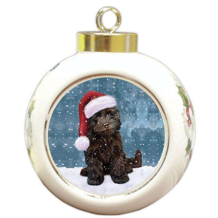 Let it Snow Christmas Holiday Cockapoo Dog Wearing Santa Hat Round Ball Ornament D286