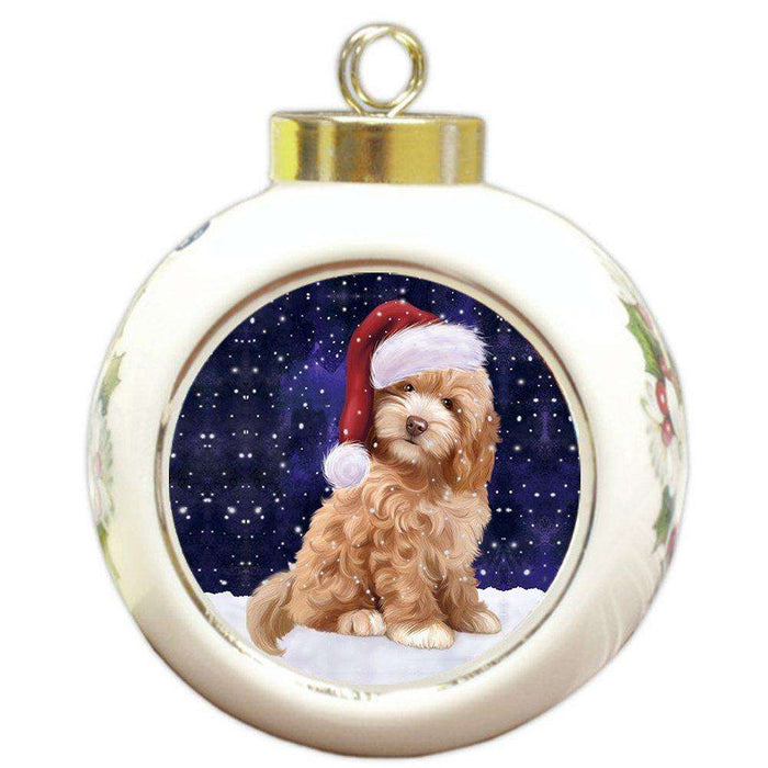Let it Snow Christmas Holiday Cockapoo Dog Wearing Santa Hat Round Ball Ornament D288