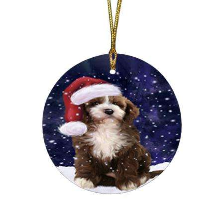 Let it Snow Christmas Holiday Cockapoo Dog Wearing Santa Hat Round Flat Christmas Ornament RFPOR54279