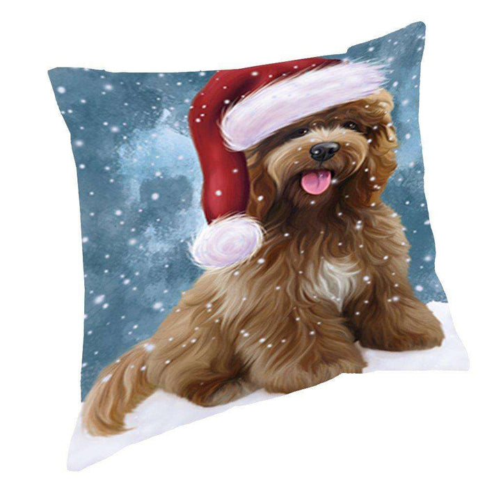 Let it Snow Christmas Holiday Cockapoo Dog Wearing Santa Hat Throw Pillow D443