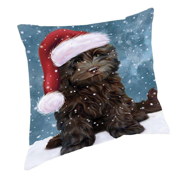 Let it Snow Christmas Holiday Cockapoo Dog Wearing Santa Hat Throw Pillow D444