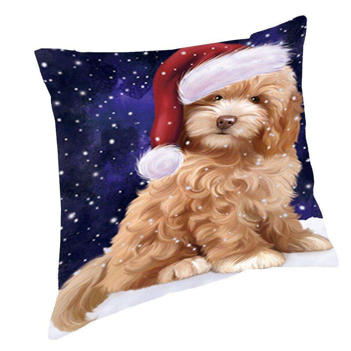 Let it Snow Christmas Holiday Cockapoo Dog Wearing Santa Hat Throw Pillow D446