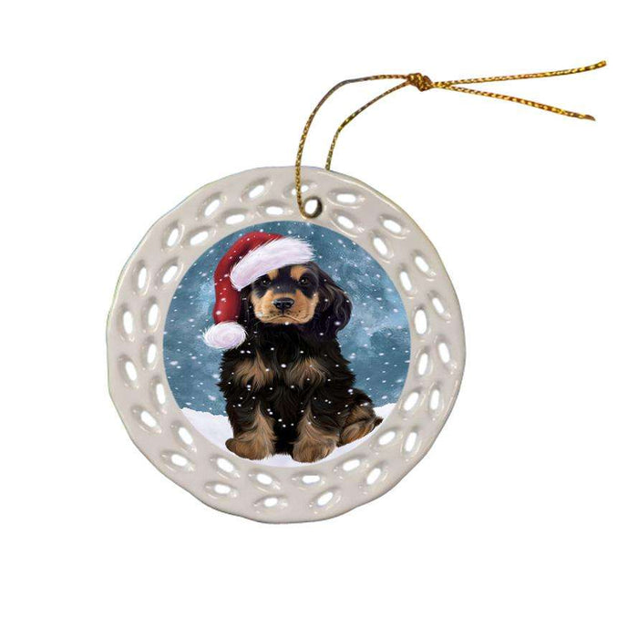 Let it Snow Christmas Holiday Cocker Spaniel Dog Wearing Santa Hat Ceramic Doily Ornament DPOR54292