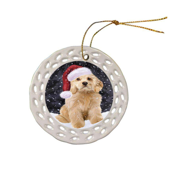 Let it Snow Christmas Holiday Cocker Spaniel Dog Wearing Santa Hat Ceramic Doily Ornament DPOR54293