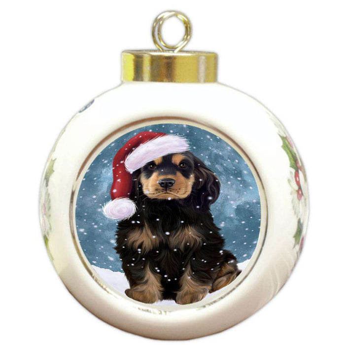 Let it Snow Christmas Holiday Cocker Spaniel Dog Wearing Santa Hat Round Ball Christmas Ornament RBPOR54292