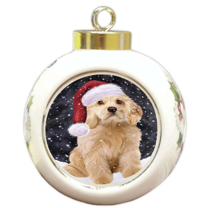 Let it Snow Christmas Holiday Cocker Spaniel Dog Wearing Santa Hat Round Ball Christmas Ornament RBPOR54293