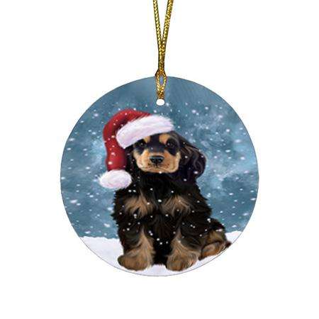 Let it Snow Christmas Holiday Cocker Spaniel Dog Wearing Santa Hat Round Flat Christmas Ornament RFPOR54283