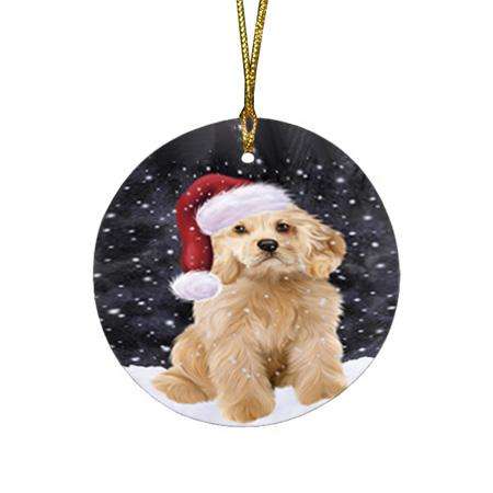 Let it Snow Christmas Holiday Cocker Spaniel Dog Wearing Santa Hat Round Flat Christmas Ornament RFPOR54284
