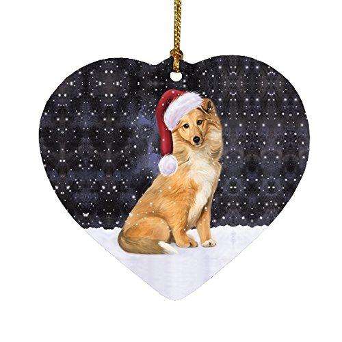 Let it Snow Christmas Holiday Collie Dog Wearing Santa Hat Heart Ornament D292