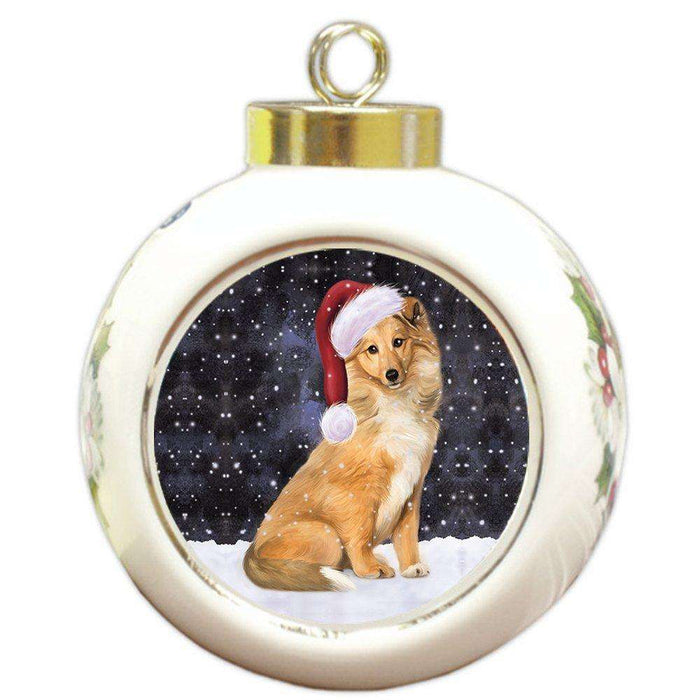 Let it Snow Christmas Holiday Collie Dog Wearing Santa Hat Round Ball Ornament D292
