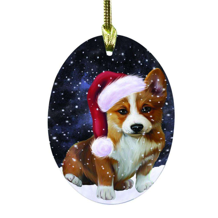 Let it Snow Christmas Holiday Corgi Dog Oval Glass Christmas Ornament OGOR48557