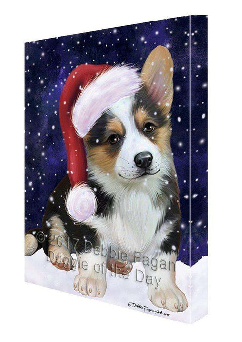 Let it Snow Christmas Holiday Corgi Dog Wearing Santa Hat Canvas Wall Art